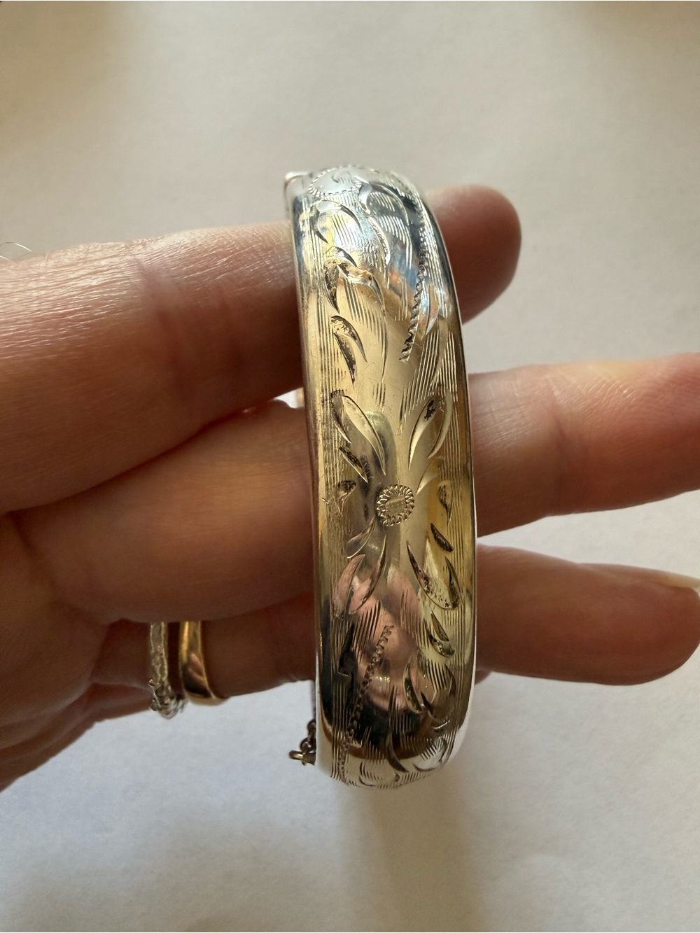 Engraved Vintage Sterling Birks Burkhardt Floral Bangle Bracelet